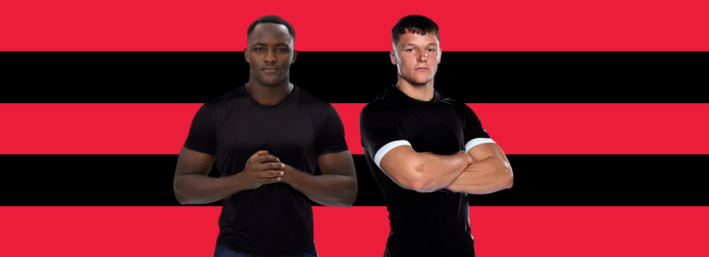 Image of Rugby Players Emarly Bitungane and Luke Smith against a red and black stripe background